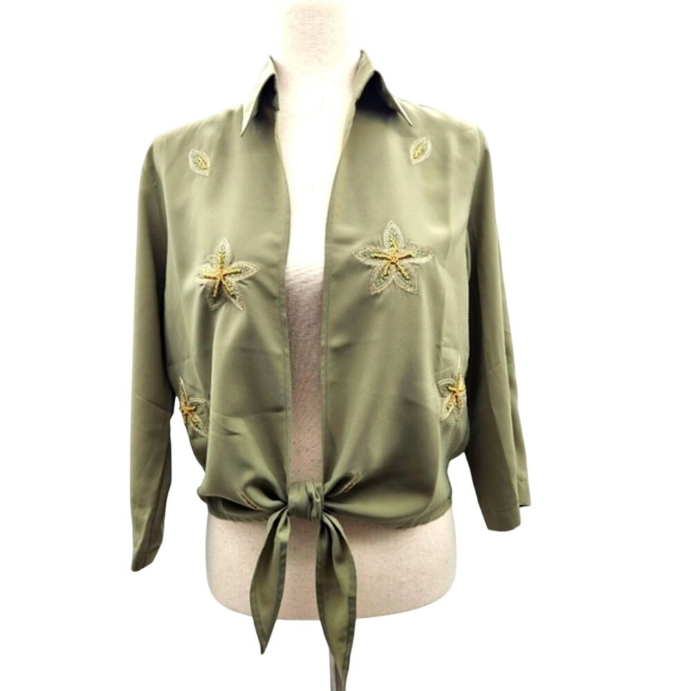 Banana Bay Resortwear Olive Green Beaded Starfish Tie Front Blouse Medium Read**